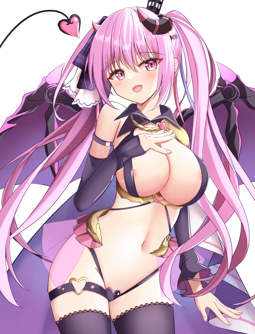 1girl :d absurdres anneliese areola_slip arm_at_side bare_shoulders belt_bra black_thighhighs blush breasts cleavage commentary_request cowboy_shot curled_horns demon_girl demon_horns demon_tail demon_wings eyes_visible_through_hair forward_facing_horns hair_between_eyes hair_ribbon hand_on_own_chest hand_up head_tilt heart heart_o-ring highres horns huge_breasts kimagure_temptation long_hair looking_at_viewer navel o-ring o-ring_thigh_strap open_mouth pink_eyes pink_hair revision ribbon simple_background smile solo tail takagi-18102817 thigh_strap thighhighs tsurime twintails very_long_hair white_background wings