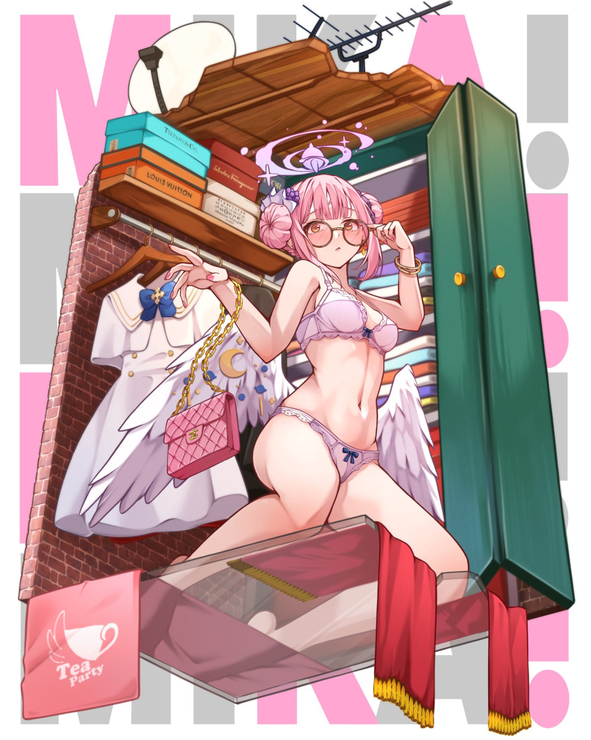 1girl angel_wings antennae bag bare_shoulders barefoot bespectacled blue_archive blush breasts closed_mouth closet clothes clothes_hanger double_bun feathered_wings glasses hair_bun hair_ornament halo hanahashi_bagara handbag highres indoors kneeling large_breasts lingerie looking_at_viewer low_wings mika_(blue_archive) panties pink_hair pink_halo pink_nails radar_dish round_eyewear see-through sliding_doors solo stomach underwear underwear_only white_wings wing_ornament wings