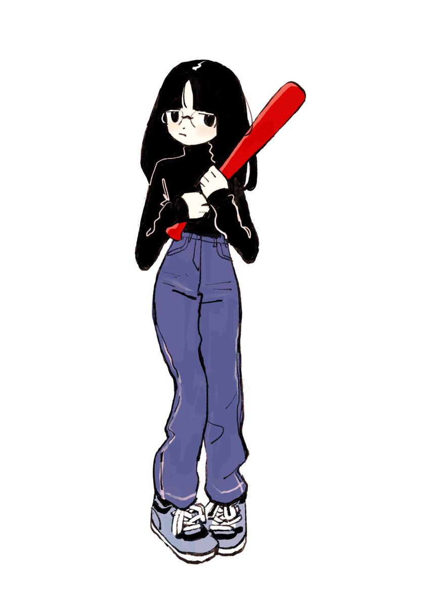 1girl baseball_bat black_eyes black_hair black_sweater blue_footwear blue_pants frown glasses hanni_(newjeans) highres holding holding_baseball_bat iwashi_iwashimo long_hair looking_at_viewer newjeans pants parted_bangs real_life shoes simple_background sneakers sweater turtleneck turtleneck_sweater white_background