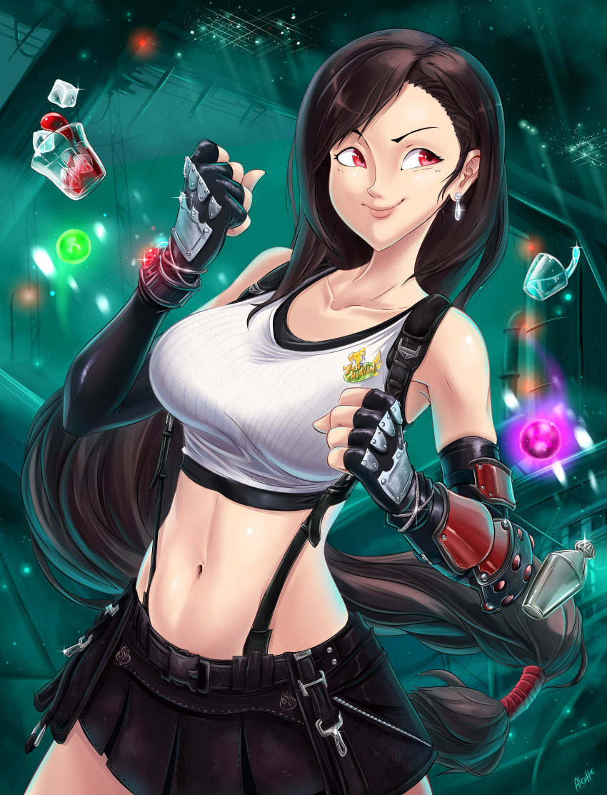 1girl absurdres belt black_belt black_hair black_skirt bracer breasts centaurhillzone clenched_hands closed_mouth cocktail_shaker collarbone crop_top cup drink english_commentary final_fantasy final_fantasy_vii final_fantasy_vii_remake fingerless_gloves floating_hair gloves green_background hands_up highres ice ice_cube large_breasts long_hair low-tied_long_hair materia midriff miniskirt navel red_eyes skirt smile solo stomach suspender_skirt suspenders swept_bangs tank_top tifa_lockhart very_long_hair white_tank_top