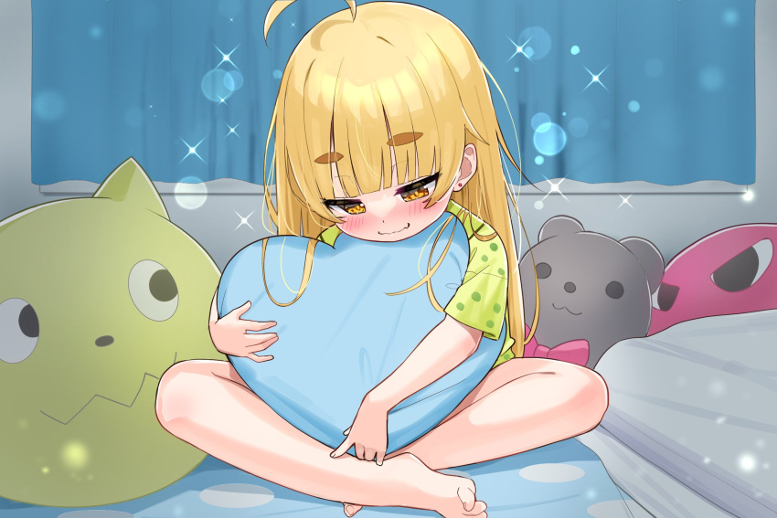 1girl ahoge bare_legs barefoot blonde_hair blush brown_eyes closed_mouth commentary_request curtains green_pajamas green_shirt half-closed_eyes heart heart-shaped_pillow highres hugging_object indoors long_hair original pajamas pillow pillow_hug shirt short_eyebrows short_sleeves sitting smile solo thick_eyebrows tsukiman very_long_hair wavy_mouth