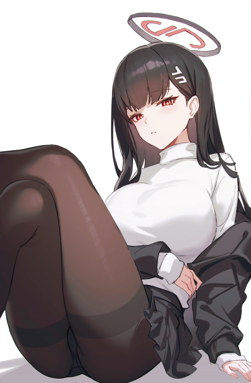 1girl absurdres akagi_(user_khgu7328) arm_under_breasts ass black_pantyhose black_skirt blazer blue_archive breasts bright_pupils crossed_legs hair_behind_ear halo highres jacket large_breasts long_hair long_sleeves looking_at_viewer miniskirt pantyhose parted_lips red_eyes ringed_eyes rio_(blue_archive) simple_background sitting skirt sweater thighband_pantyhose turtleneck turtleneck_sweater white_background white_sweater