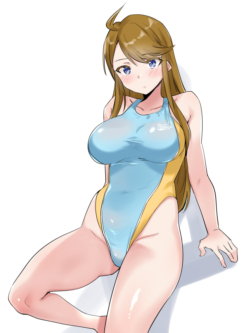1girl absurdres ahoge arm_support bare_shoulders blue_eyes blush breasts brown_hair closed_mouth collarbone dot_nose highres idolmaster idolmaster_million_live! idolmaster_million_live!_theater_days knee_up large_breasts long_hair looking_at_viewer simple_background sitting solo swept_bangs takahiro_(crimson_bolt) tokoro_megumi two-tone_one-piece_swimsuit white_background