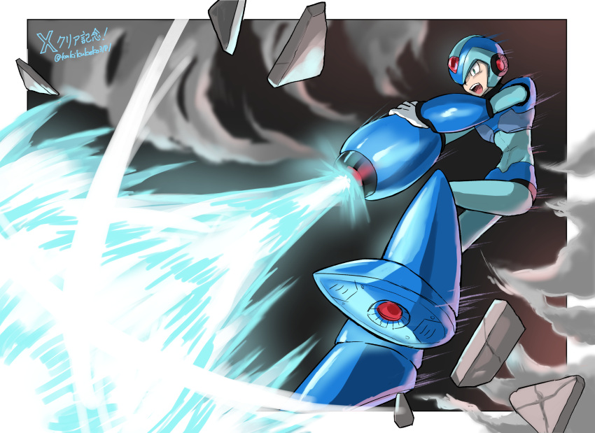 1boy arm_cannon armor blue_armor blue_helmet debris energy energy_gun firing forehead_jewel full_body helmet highres kakikuyeko3181 male_focus mega_man_(series) mega_man_x_(series) solo twitter_username weapon x_(mega_man) x_buster