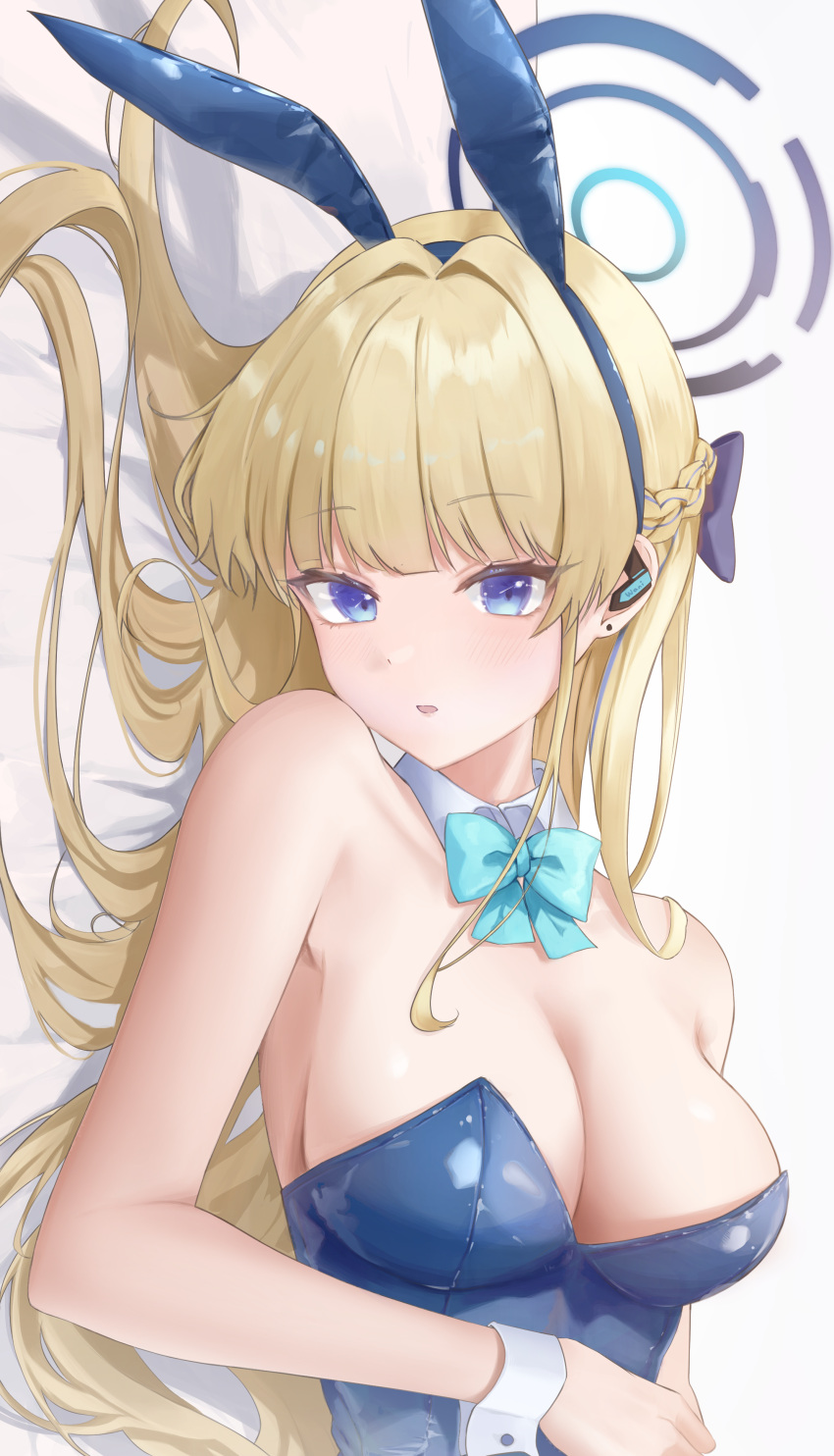 1girl absurdres animal_ears armpits bed_sheet blonde_hair blue_archive blue_eyes blue_leotard blunt_bangs braid breasts cleavage collarbone commentary_request earpiece fake_animal_ears french_braid hairband halo head_tilt highres leotard long_hair looking_at_viewer lying medium_breasts multicolored_hair official_alternate_costume official_alternate_hairstyle on_back parted_lips playboy_bunny rabbit_ears sidelocks simple_background single_braid solo strapless strapless_leotard streaked_hair toki_(blue_archive) toki_(bunny)_(blue_archive) two-tone_hair wan_du29