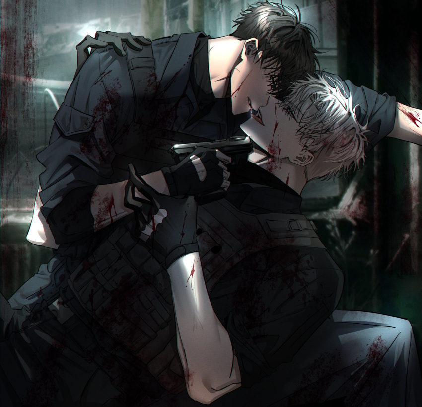 black_gloves black_shirt black_vest blood blood_on_arm blood_on_clothes blood_on_face brown_hair collared_shirt gloves gun highres ilay_riegrow jeong_taeui long_sleeves male_focus open_mouth passion_(manhwa) pointing_gun saliva_swap shirt short_hair tako tongue tongue_out upper_body vest weapon white_hair