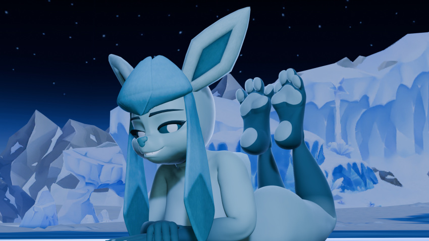 3d_(artwork) 4_toes anthro blue_sclera breasts digital_media_(artwork) eeveelution feet female generation_4_pokemon glaceon hi_res ice looking_at_viewer lying nintendo on_front pawpads pokemon pokemon_(species) solo toes twintails3d