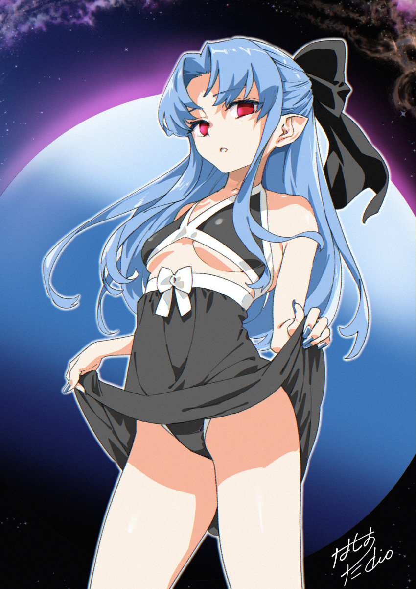 1girl absurdres bikini black_bikini blue_hair blue_nails bow breasts clothes_lift commission fingernails hair_bow hashiguchi_takashi highres len_(tsukihime) long_fingernails long_hair looking_at_viewer parted_lips planet pointy_ears red_eyes skeb_commission small_breasts solo space swimsuit tsukihime underboob