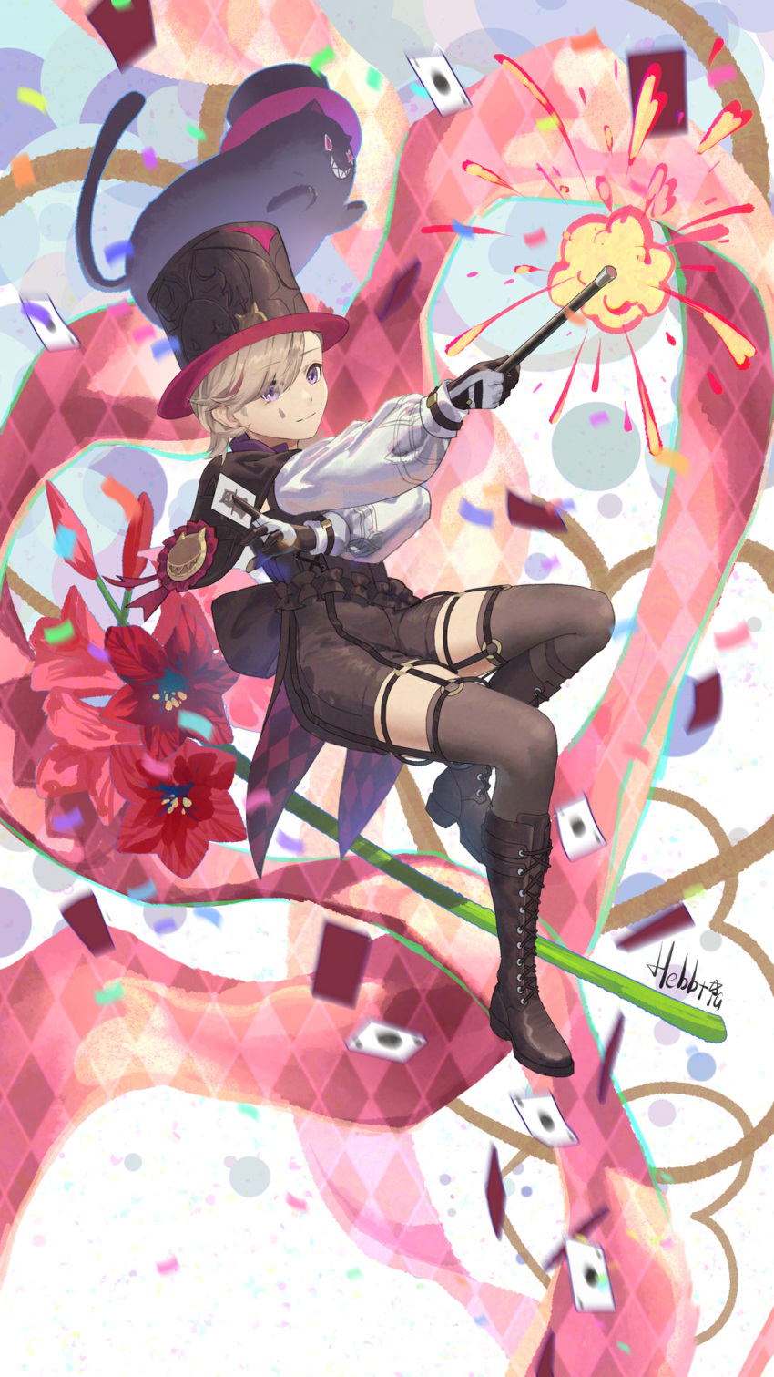 1boy artist_name black_cat black_footwear black_gloves black_shorts boots bow card cat confetti facial_mark flower genshin_impact gloves grey_hair hat hebbtia highres holding holding_card long_sleeves lyney_(genshin_impact) purple_eyes red_flower ribbon short_hair shorts signature teardrop_facial_mark thighhighs top_hat two-tone_gloves wand