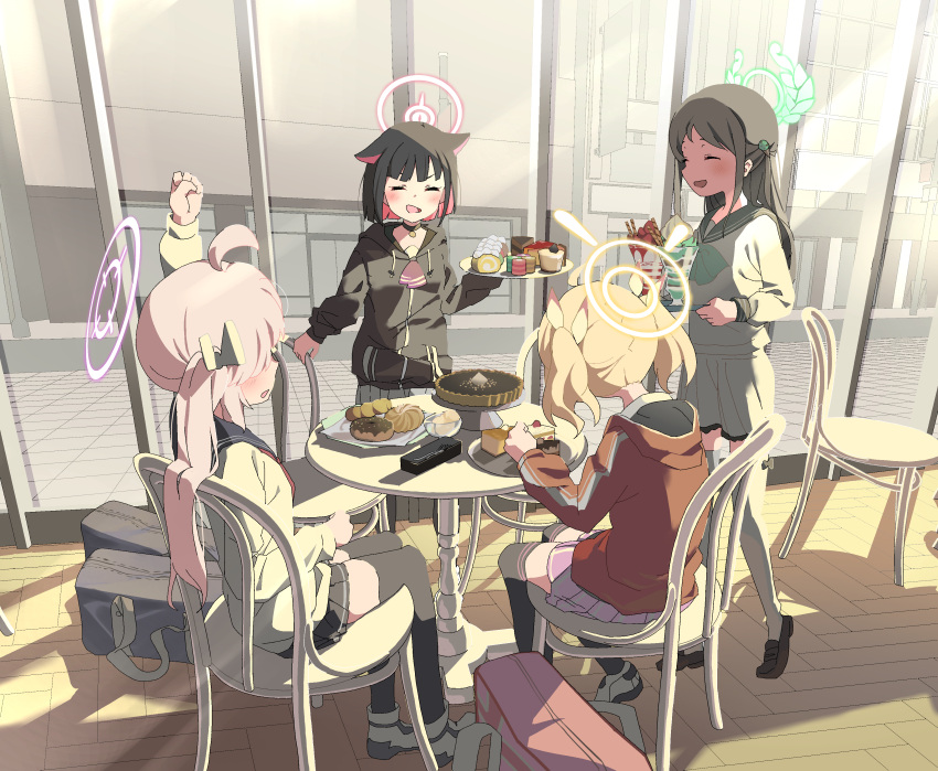 4girls absurdres after-school_sweets_club_(blue_archive) ahoge airi_(blue_archive) animal_ears black_footwear black_hair black_jacket black_sailor_collar black_thighhighs blonde_hair blue_archive blush cake cardigan cat_ears chair closed_eyes colored_inner_hair doughnut extra_ears food fuyubone green_halo halo highres hood hood_down hooded_jacket jacket kazusa_(blue_archive) long_hair long_sleeves multicolored_hair multiple_girls natsu_(blue_archive) open_mouth parfait pink_hair pink_halo pink_skirt pleated_skirt red_jacket sailor_collar shoes short_hair side_ponytail sitting skirt smile swiss_roll table thighhighs twintails white_cardigan white_skirt white_thighhighs yellow_halo yoshimi_(blue_archive)