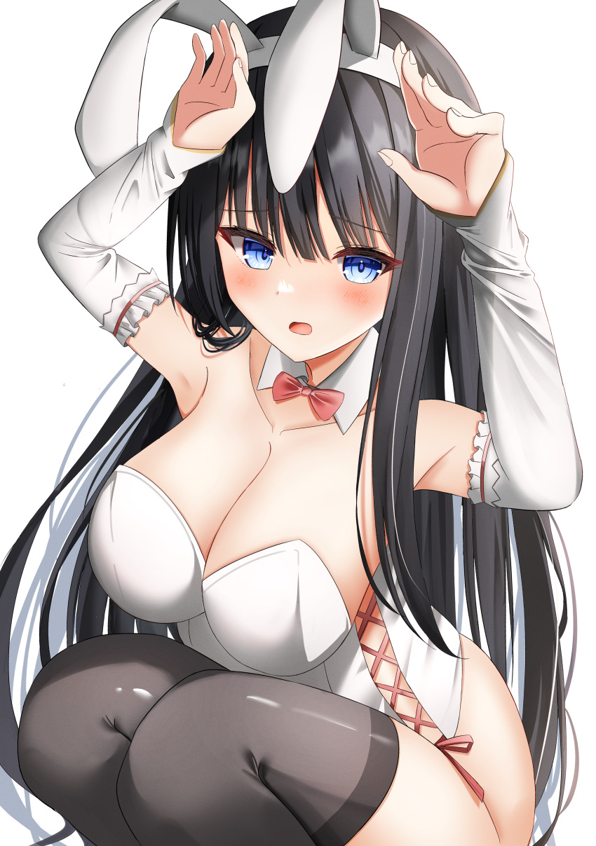 1girl absurdres alternate_costume animal_ears arms_up bare_shoulders black_hair black_thighhighs blue_eyes blunt_bangs blush bow bowtie breasts bright_pupils cleavage collarbone commentary curvy detached_collar detached_sleeves eyelashes eyes_visible_through_hair fake_animal_ears feet_out_of_frame frown hair_over_shoulder highres large_breasts leotard long_hair looking_at_viewer open_mouth playboy_bunny rabbit_ears rabbit_pose red_bow red_bowtie red_ribbon ribbon sidelocks simple_background sleeves_past_wrists solo squatting straight_hair strapless strapless_leotard subarashiki_hibi takagi-18102817 takashima_zakuro thighhighs tsurime very_long_hair white_background white_leotard white_sleeves