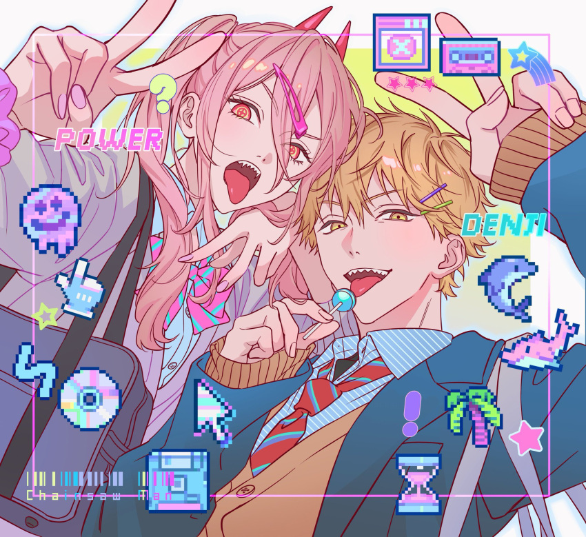 1boy 1girl ? am88121 barcode blonde_hair blue_coat border brown_cardigan cardigan chainsaw_man character_name coat collared_shirt cursor denji_(chainsaw_man) floppy_disk gradient_background grey_cardigan hair_between_eyes hair_ornament hairpin highres hourglass looking_at_viewer necktie orange_eyes palm_tree pink_hair pixel_art_inset power_(chainsaw_man) red_necktie sharp_teeth shirt short_hair short_twintails star_(symbol) teeth tongue tongue_out tree twintails upper_body v white_border yellow_background yellow_eyes