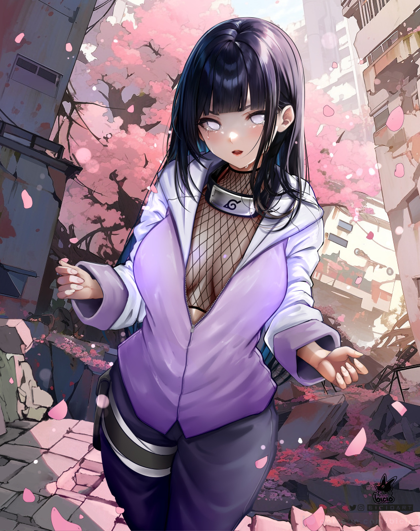 1girl absurdres bicio black_hair black_pants blunt_bangs breasts byakugan cherry_blossoms cowboy_shot english_commentary falling_petals fishnet_top fishnets forehead_protector highres hime_cut holster hyuuga_hinata incredibly_absurdres jacket konohagakure_symbol large_breasts long_hair looking_at_viewer naruto_(series) naruto_shippuuden paid_reward_available pants parted_lips petals purple_jacket rubble solo spanish_commentary tears thigh_holster tree white_eyes