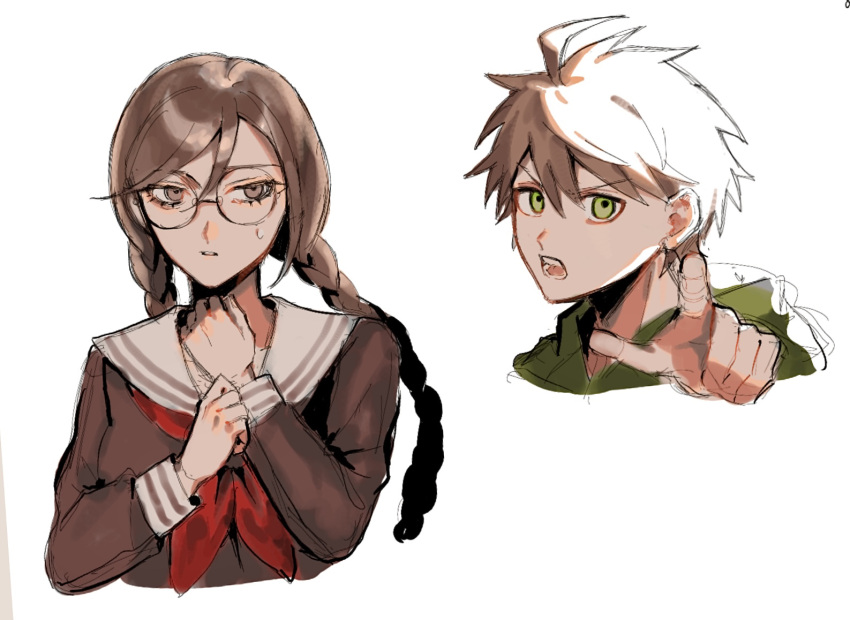 1boy 1girl :o ahoge amam0_0iii braid brown_hair cropped_torso danganronpa:_trigger_happy_havoc danganronpa_(series) fukawa_toko glasses green_eyes green_hoodie grey_sailor_collar hands_up hood hood_down hoodie long_sleeves naegi_makoto neckerchief pointing pointing_at_viewer red_neckerchief round_eyewear sailor_collar short_hair simple_background sweatdrop teeth tongue twin_braids twintails upper_body white_background