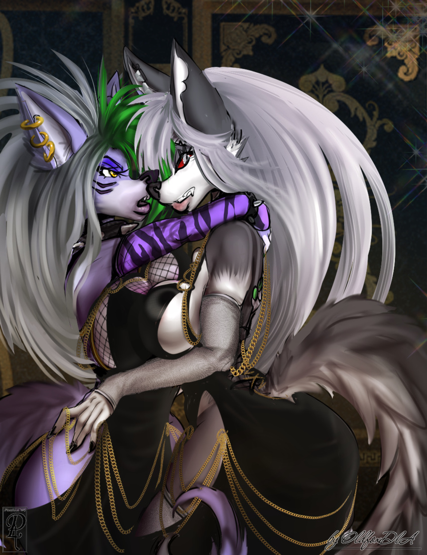 anthro big_breasts black_clothing black_dress breasts canid canid_demon canine canis clothed clothing collar demon dress duo ear_piercing female female/female five_nights_at_freddy's five_nights_at_freddy's:_security_breach fluffy fluffy_tail fur green_hair grey_body grey_fur hair hellhound helluva_boss hi_res loona_(helluva_boss) mammal mythological_canine mythological_creature mythology oldfoxdla piercing red_sclera roxanne_wolf scottgames steel_wool_studios tail white_body white_fur wolf