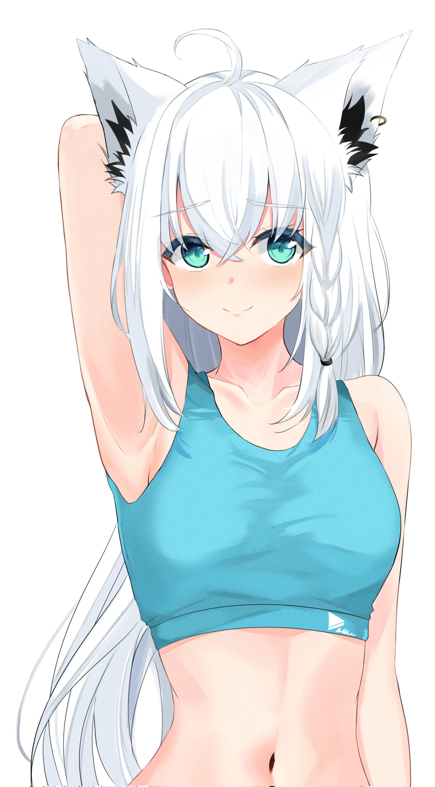 1girl absurdres ahoge animal_ear_fluff animal_ears arm_up armpits blue_sports_bra blush braid commentary earrings fox_ears fox_girl green_eyes hair_between_eyes highres hololive jewelry long_hair looking_at_viewer navel shirakami_fubuki sidelocks simple_background single_braid smile solo sports_bra virtual_youtuber white_background white_hair yuukura_yuu