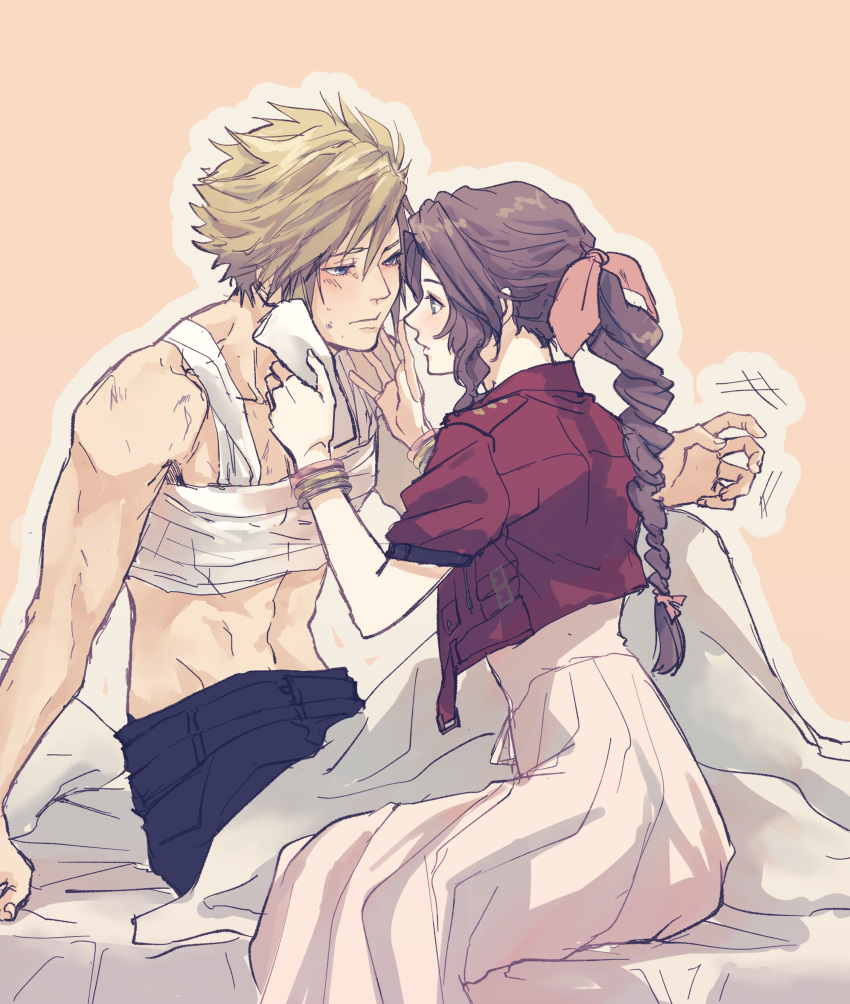 1boy 1girl absurdres aerith_gainsborough bandaged_chest bangle bed_sheet belt blonde_hair blue_eyes blue_pants bracelet braid braided_ponytail brown_hair cloud_strife cropped_jacket demi_co dress final_fantasy final_fantasy_vii final_fantasy_vii_rebirth final_fantasy_vii_remake green_eyes hair_between_eyes hair_ribbon hetero highres hover_hand jacket jewelry light_blush long_dress long_hair looking_at_another multiple_belts on_bed pants parted_bangs parted_lips pink_background pink_dress pink_ribbon red_jacket ribbon short_hair short_sleeves sidelocks single_braid spiked_hair sweatdrop topless_male under_covers wavy_hair wiping_face