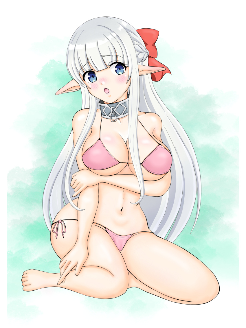 1girl absurdres arm_under_breasts bikini blush braid breasts collar elf eyebrows_hidden_by_hair full_body hair_between_breasts hair_between_eyes hair_ribbon highres large_breasts large_ribbon long_hair looking_at_viewer maou_no_ore_ga_dorei_elf_wo_yome_ni_shitanda_ga_dou_medereba_ii? metal_collar nephelia open_mouth pink_bikini pointy_ears red_ribbon ribbon simple_background sitting smile solo swimsuit user_nxrh7488 very_long_hair white_hair