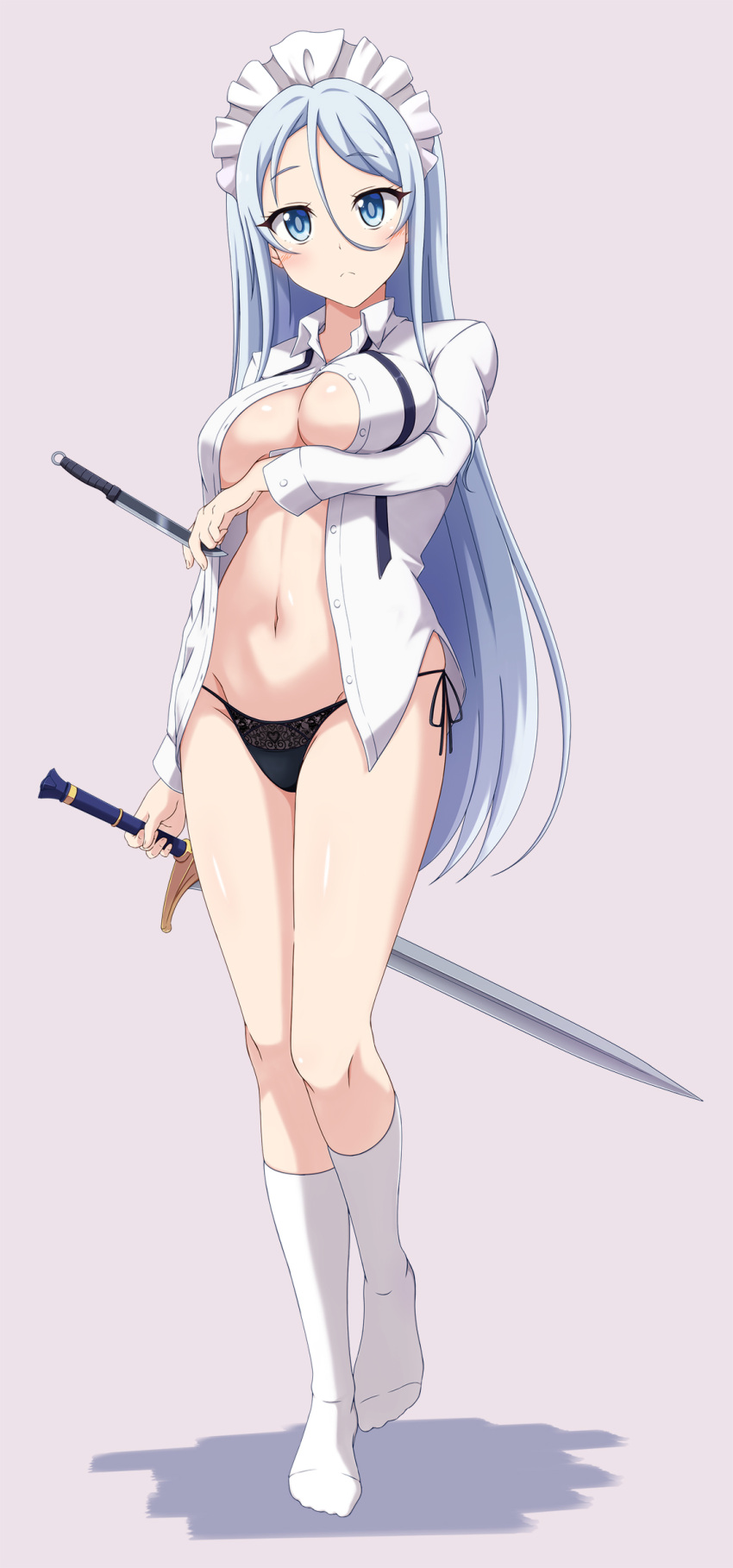 1girl absurdres arm_under_breasts black_panties blue_eyes blue_hair blush breasts breasts_squeezed_together closed_mouth collared_shirt commentary_request dagger eyebrows_hidden_by_hair full_body grey_background groin hair_between_eyes highres holding holding_dagger holding_knife holding_sword holding_weapon ishida_seito knife large_breasts long_hair looking_at_viewer maid_headdress naked_shirt panties partial_commentary partially_unbuttoned shadow shirt simple_background socks solo standing standing_on_one_leg sword sylpha_(dai_nana_oji) tensei_shitara_dai_nana_oji_datta_no_de:_kimama_ni_majutsu_o_kiwamemasu underwear very_long_hair weapon white_shirt white_socks