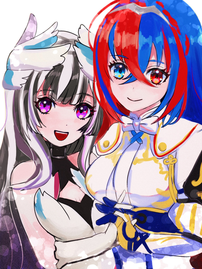 2girls alear_(female)_(fire_emblem) alear_(fire_emblem) black_choker blue_eyes blue_hair braid choker crossed_bangs crown_braid feather_hair_ornament feathers fire_emblem fire_emblem_engage hair_ornament heterochromia highres multicolored_hair multiple_girls petite purple_eyes red_eyes red_hair siblings sisters split-color_hair tiara tochiryo two-tone_hair veyle_(fire_emblem) wavy_hair wing_hair_ornament