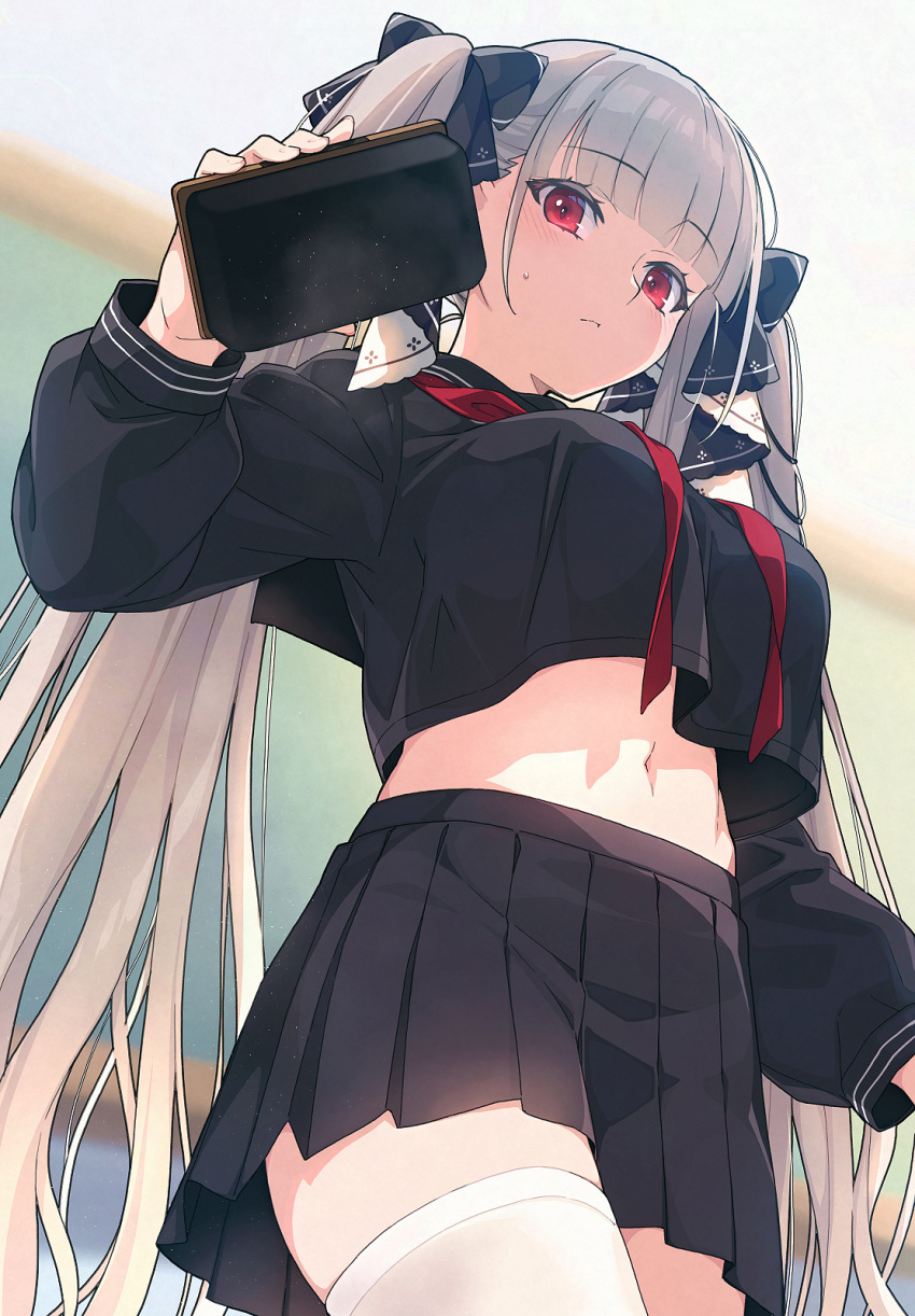 1girl azur_lane black_sailor_collar black_serafuku black_skirt blurry blurry_background blush board_eraser breasts closed_mouth cowboy_shot crop_top crop_top_overhang cropped_shirt formidable_(azur_lane) formidable_(the_lover's_heart_flutters_on_duty)_(azur_lane) from_below grey_hair hair_ornament highres large_breasts long_hair long_sleeves looking_at_viewer midriff miniskirt navel neckerchief official_alternate_costume pleated_skirt puffy_long_sleeves puffy_sleeves red_eyes red_neckerchief sailor_collar saipaco school_uniform serafuku skirt solo sweat thighhighs twintails upper_body very_long_hair white_thighhighs