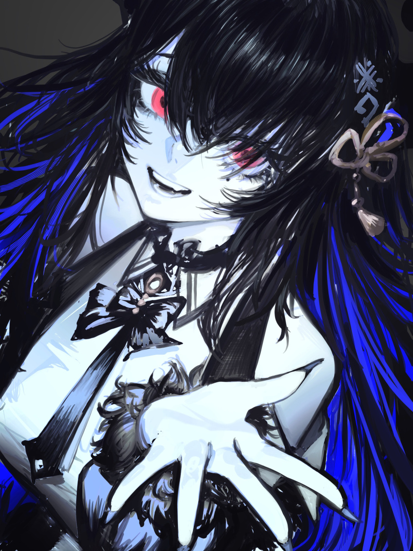 1girl absurdres black_hair black_nails black_necktie blue_hair collared_dress colored_inner_hair colored_skin detached_sleeves dress empty_eyes fangs fingernails fur-trimmed_sleeves fur_trim grey_background hair_ornament highres hololive hololive_english long_fingernails long_hair looking_at_viewer mole mole_under_eye multicolored_hair nail_polish necktie nerissa_ravencroft nerissa_ravencroft_(1st_costume) open_mouth pungson_mori reaching reaching_towards_viewer red_eyes simple_background solo tassel tassel_hair_ornament two-tone_hair upper_body very_long_fingernails virtual_youtuber white_dress white_skin