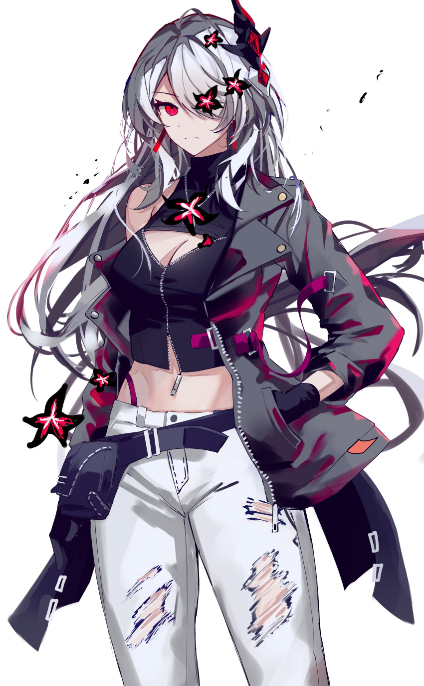 1girl absurdres acheron_(honkai:_star_rail) belt black_belt black_gloves breasts cleavage commentary cowboy_shot crop_top flower gloves hair_ornament hair_over_one_eye highres honkai:_star_rail honkai_(series) long_hair looking_at_viewer midriff pants red_eyes red_flower simple_background single_bare_shoulder solo sparks_summer standing symbol-only_commentary thighs very_long_hair white_background white_hair white_pants