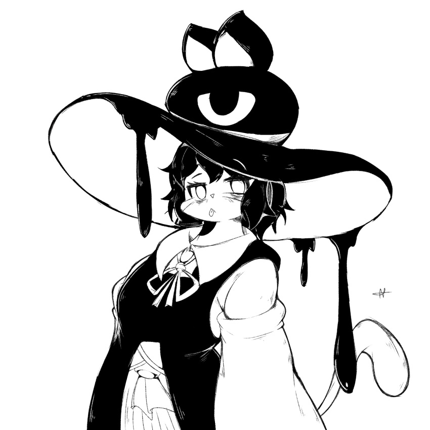 black_and_white clothing costume domestic_cat felid feline felis female hat headgear headwear hi_res len'en lightmizano mammal monochrome simple_background solo tsubakura_enraku whiskers witch_hat