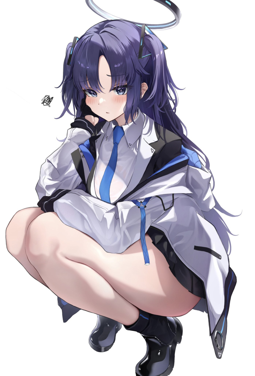 1girl black_skirt blue_archive blue_eyes blue_necktie blush breasts closed_mouth halo highres jacket jacket_partially_removed long_hair long_sleeves looking_at_viewer mechanical_halo medium_breasts necktie purple_eyes purple_hair shirt simple_background skirt solo squatting thighs tol10131 triangle_hair_ornament two-sided_fabric two-sided_jacket white_background yuuka_(blue_archive)