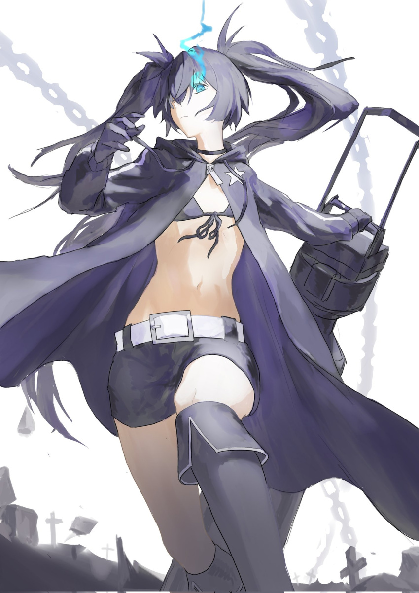 belt bikini black_bikini black_footwear black_hair black_jacket black_rock_shooter black_rock_shooter_(character) black_shorts blue_eyes blue_fire boots cannon chain fire flaming_eye gloves hair_over_one_eye highres jacket kuthi0510 long_hair shorts swimsuit twintails