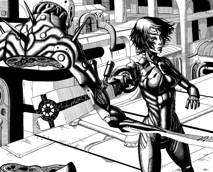 1girl android battle blade blame! closed_mouth crack facial_mark greyscale gun hatching_(texture) highres looking_at_another monochrome monster nonneim pipe robot rust sanakan science_fiction scratches short_hair spikes standing weapon