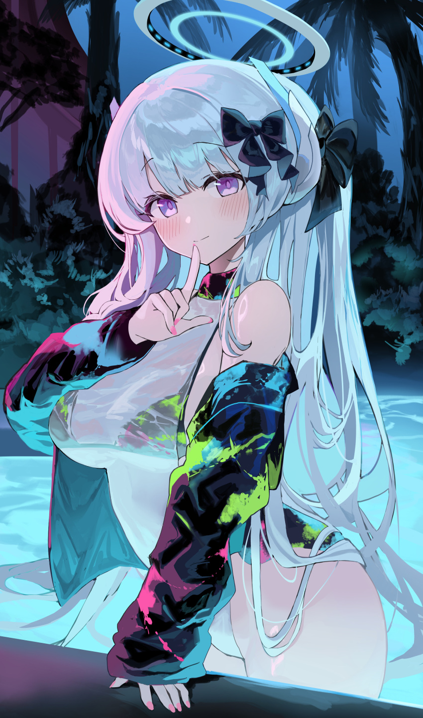 1girl absurdres alternate_costume bikini black_bikini blue_archive blush breasts closed_mouth cowboy_shot grey_hair halo highres jacket kabedoru large_breasts long_hair long_sleeves looking_at_viewer mechanical_halo night noa_(blue_archive) open_clothes open_jacket outdoors pool purple_eyes smile solo swimsuit