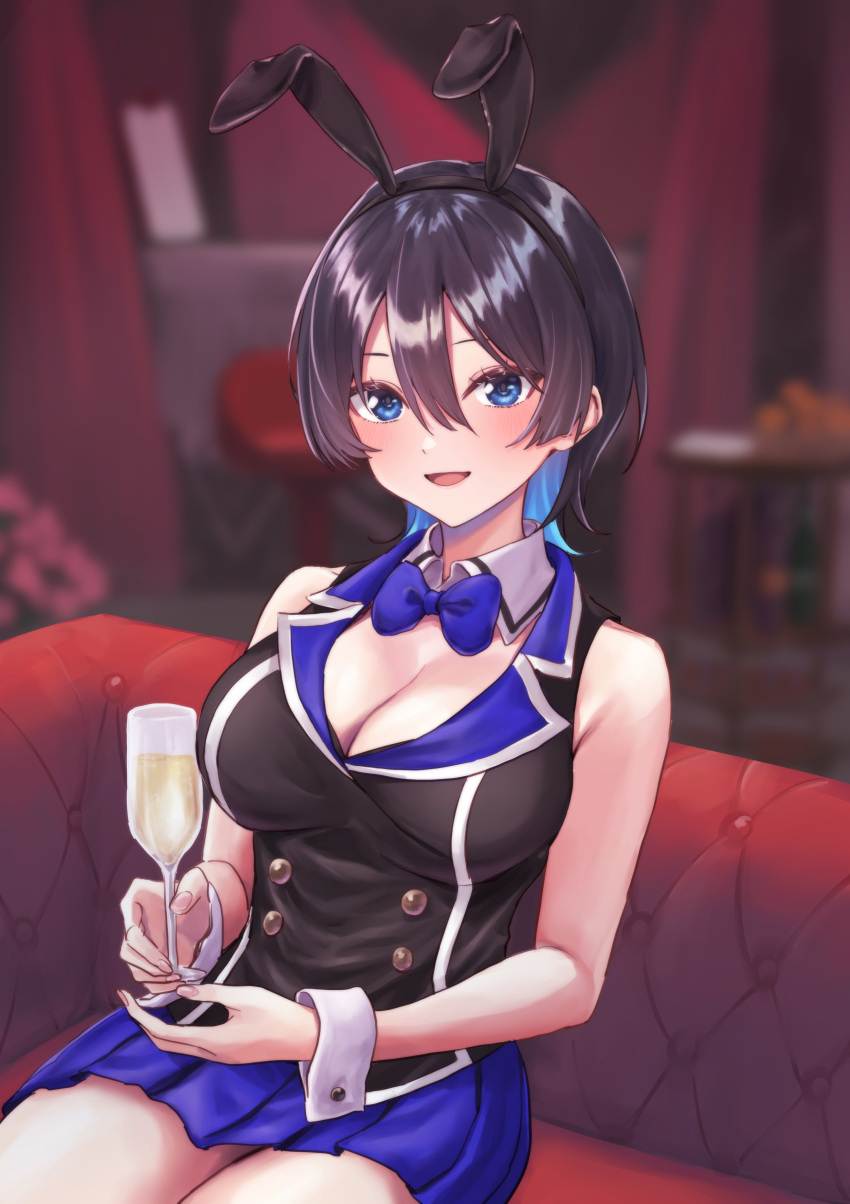 absurdres animal_ears bare_shoulders black_vest blue_bow blue_bowtie blue_eyes blue_hair blue_sky blurry blurry_background blush bow bowtie breasts bunny_garden cleavage couch cup detached_collar drinking_glass fake_animal_ears g9_(jiiku) hair_between_eyes highres holding holding_cup large_breasts miniskirt miuka_(bunny_garden) multicolored_hair on_couch parted_lips playboy_bunny pleated_skirt rabbit_ears short_hair sitting skirt sky two-tone_hair vest wine_glass wrist_cuffs