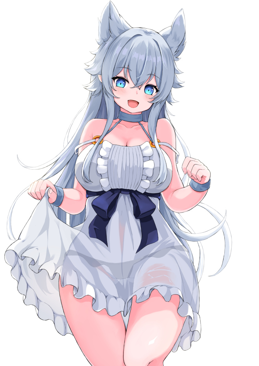 1girl animal_ears black_panties blue_eyes blue_ribbon bluekalmia breasts cleavage clothes_lift dress dress_lift extra_ears eyebrows_hidden_by_hair feet_out_of_frame fenrys grey_wrist_cuffs hair_between_eyes highres large_breasts lifted_by_self long_hair looking_at_viewer lv2_kara_cheat_datta_moto_yuusha_kouho_no_mattari_isekai_life o-ring_strap open_mouth panties ribbon see-through see-through_dress simple_background smile solo thigh_gap underwear very_long_hair waist_ribbon white_background white_dress white_hair wolf_ears