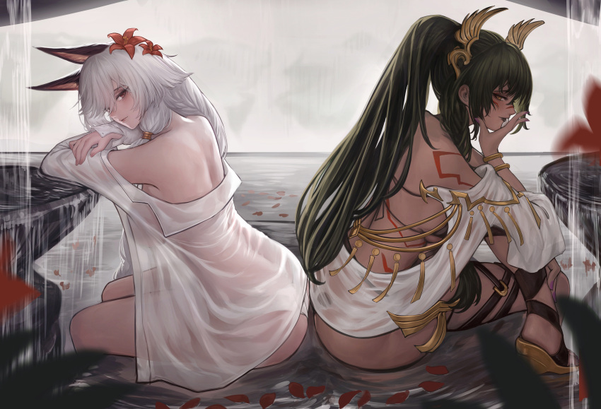 2girls absurdres animal_ears back bikini bikini_bottom_only black_bikini body_markings braid cat_ears dark-skinned_female dark_skin erune flower granblue_fantasy green_hair heles highres horus_(granblue_fantasy) long_hair multiple_girls nikumocchi single_braid swimsuit tattoo thigh_strap very_long_hair water waterfall waterfall_shower