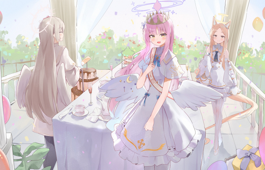 3girls =_= animal_ears birthday_sash blonde_hair blue_archive blush box cake capelet champagne_flute chocolate_cake crown cup detached_collar dress drinking_glass feathered_wings food fox_ears gift gift_box halo highres jsscj light_brown_hair long_hair looking_at_viewer mika_(blue_archive) multiple_girls nagisa_(blue_archive) pink_hair saucer seia_(blue_archive) smile straight_hair swiss_roll tea_party_(blue_archive) teacup teapot tiered_tray very_long_hair white_capelet white_dress white_wings wings