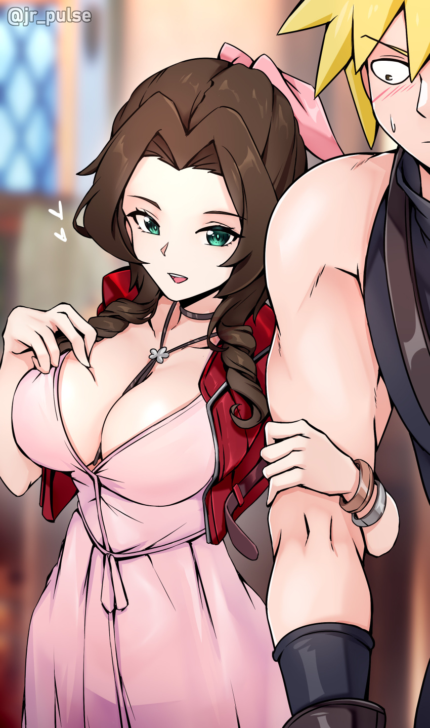 1boy 1girl absurdres aerith_gainsborough alternate_breast_size blurry blurry_background bolo_tie breasts brown_hair cleavage cloud_strife cropped_jacket dress final_fantasy final_fantasy_vii final_fantasy_vii_remake highres jrpulse large_breasts locked_arms long_dress looking_at_another open_mouth pink_dress smile spiked_hair teeth upper_teeth_only