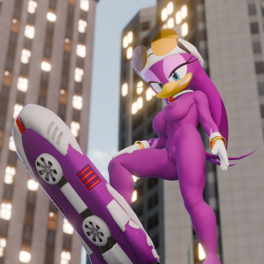 3d_(artwork) anthro avian bandanna bird breasts clothing digital_media_(artwork) extreme_gear eyewear eyewear_on_head female genitals gloves handwear hi_res hirundinid kerchief mostly_nude nipples oscine passerine pussy sega solo sonic_riders sonic_the_hedgehog_(series) sunglasses sunglasses_on_head swallow_(bird) twintails3d wave_the_swallow