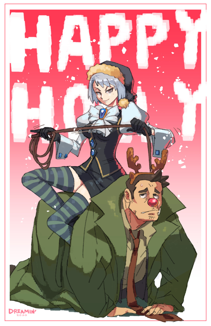 1boy 1girl ace_attorney all_fours antlers black_gloves black_skirt black_vest brown_hair christmas coat cosplay dick_gumshoe dreaminerryday franziska_von_karma gloves green_coat grey_hair hat highres horns jewelry looking_at_viewer miniskirt necktie puffy_sleeves reindeer_antlers rudolph_the_red_nosed_reindeer rudolph_the_red_nosed_reindeer_(cosplay) santa_hat short_hair sitting sitting_on_person skirt smile striped_clothes striped_thighhighs sweatdrop thighhighs vest whip