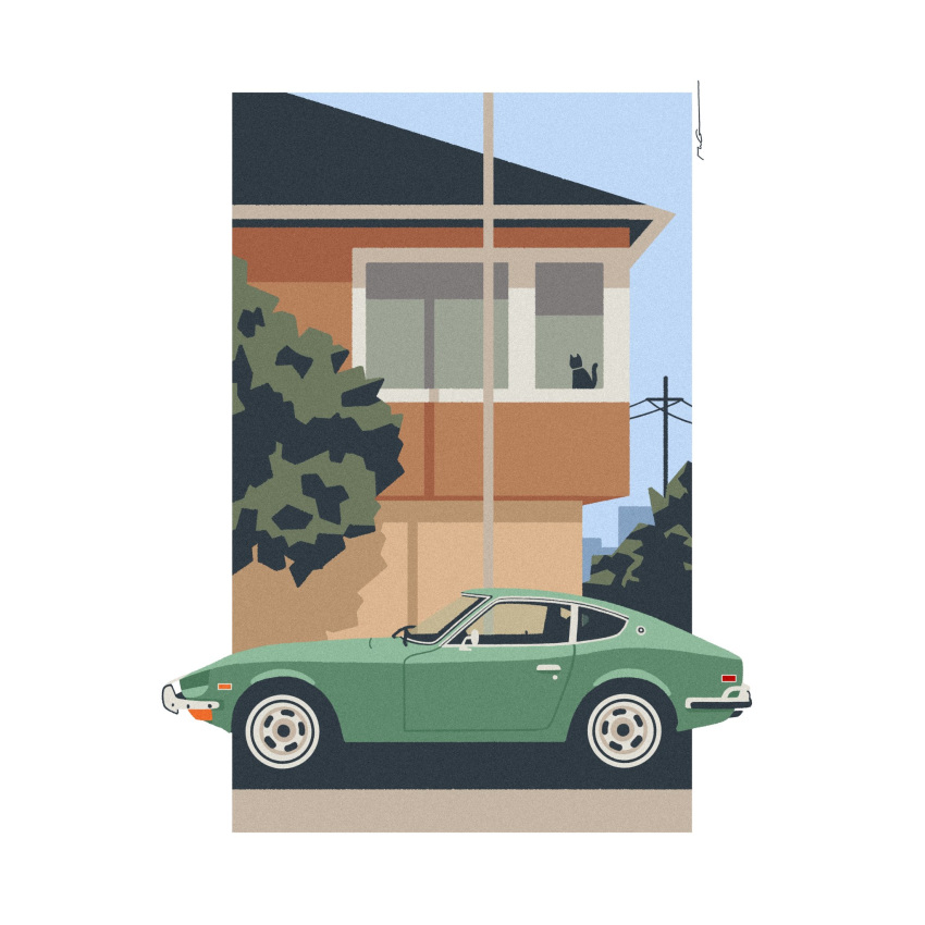 black_cat border car cat datsun datsun_240z green_border highres motor_vehicle nissan nissan_fairlady_z original outside_border sports_car vehicle_focus wang-tang_(_lose_control) white_border