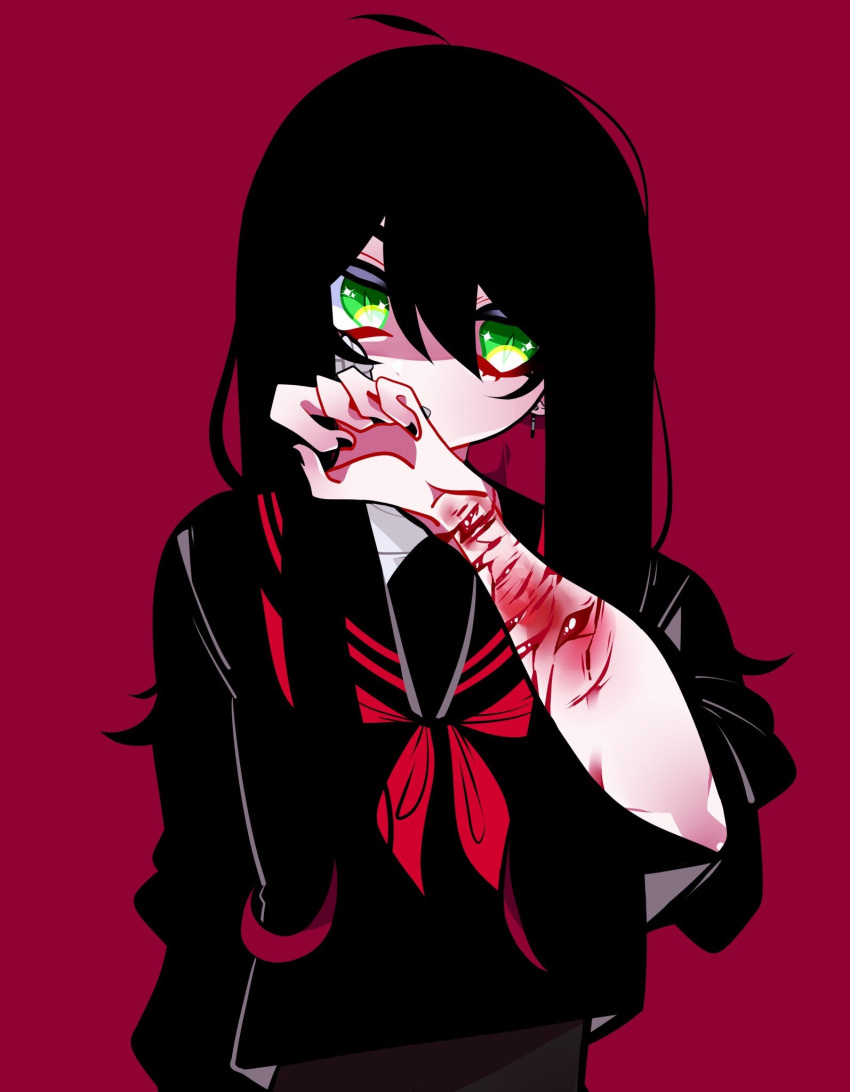 1girl ahoge black_hair black_nails black_sailor_collar black_shirt blood colored_inner_hair cuts deep_wound earrings fingernails green_eyes hair_between_eyes hand_up highres injury jewelry long_hair multicolored_hair nail_polish neckerchief original red_background red_hair red_neckerchief sailor_collar shiozaki_ise shirt simple_background solo two-tone_hair wrist_cutting