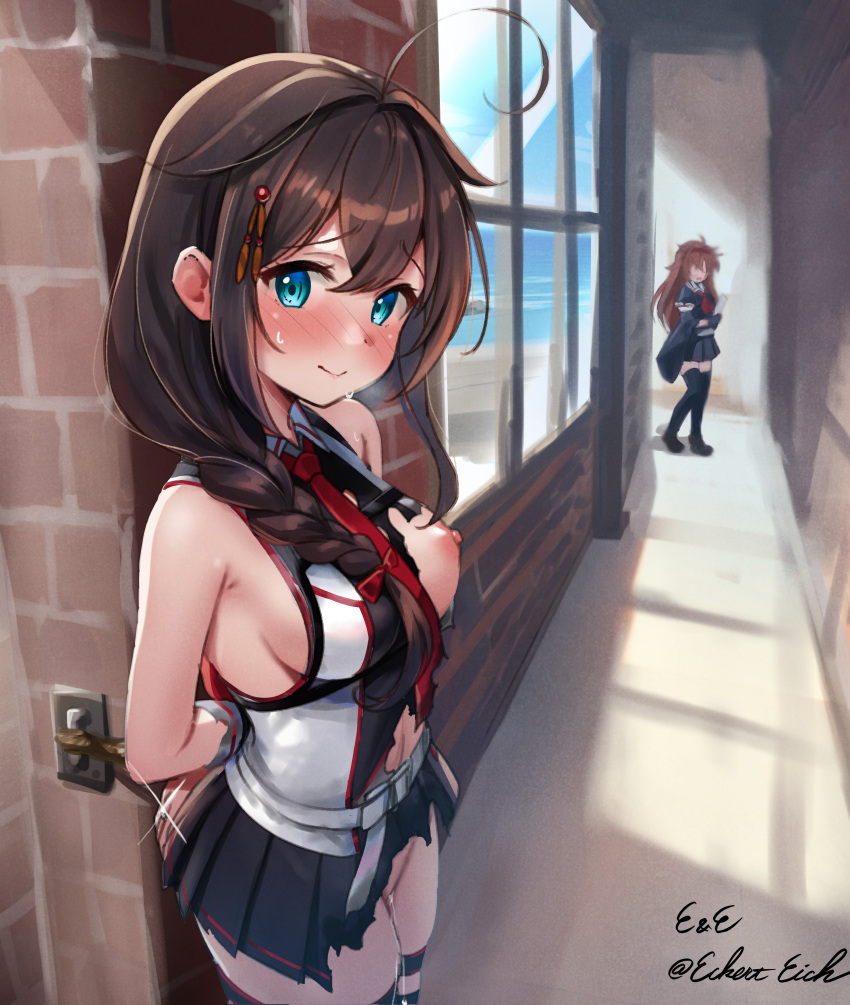 2girls absurdres ahoge arms_behind_back belt black_shirt black_skirt blue_eyes blush braid breasts brown_hair chest_harness commentary_request commission eckert&amp;eich glint hair_between_eyes hair_flaps hair_ornament hair_over_shoulder hairpin hallway harness highres indoors jewelry kantai_collection long_hair looking_at_viewer medium_breasts multiple_girls necktie neglect_play nipples pleated_skirt public_indecency public_nudity pussy_juice red_necktie ring shigure_(kancolle) shigure_kai_san_(kancolle) shiratsuyu_(kancolle) shiratsuyu_kai_ni_(kancolle) shirt single_braid skeb_commission skirt sleeveless sleeveless_shirt torn_clothes torn_shirt torn_skirt two-tone_shirt wedding_ring white_belt white_shirt