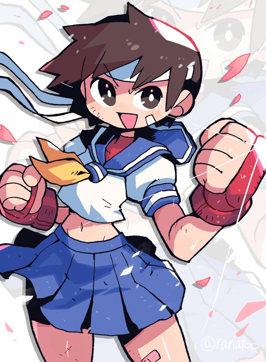 1girl absurdres blue_sailor_collar breasts brown_eyes brown_hair cherry_blossoms clenched_hands contrapposto determined fingerless_gloves gloves headband highres justice_gakuen kasugano_sakura looking_at_viewer medium_breasts midriff mixed-language_commentary open_mouth rariatto_(ganguri) sailor_collar school_uniform serafuku shiritsu_justice_gakuen short_hair skirt smile solo street_fighter street_fighter_v street_fighter_zero_(series) zoom_layer