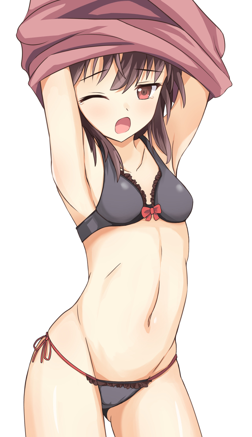 1girl ;d absurdres armpits arms_up azqa bikini black_bra black_panties bow bow_bra bra breasts brown_hair commentary_request cowboy_shot groin highres kono_subarashii_sekai_ni_shukufuku_wo! light_blush looking_at_viewer megumin navel one_eye_closed open_mouth panties red_bow red_eyes side-tie_panties simple_background small_breasts smile solo standing stomach swimsuit thighs underwear underwear_only undressing white_background