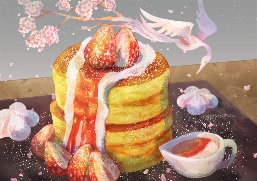 bird branch food food_focus fruit no_humans original pancake pancake_stack petals strawberry strawberry_syrup syrup table yaguremaru