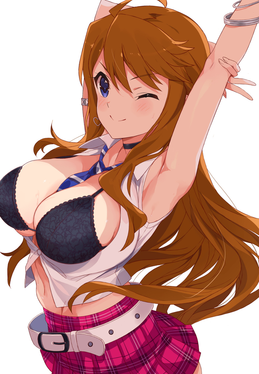 1girl ahoge armpits arms_up belt black_bra black_choker blue_eyes blue_necktie blush bra breasts brown_hair choker cleavage closed_mouth collarbone cropped_shirt earrings floating_hair from_side heart heart_earrings highres holding_own_arm idolmaster idolmaster_million_live! idolmaster_million_live!_theater_days jewelry large_breasts long_hair looking_at_viewer midriff miniskirt multiple_bracelets navel necktie one_eye_closed pink_skirt plaid plaid_skirt pleated_skirt shirt simple_background skirt sleeveless sleeveless_shirt smile solo striped_necktie studded_armlet sweat swept_bangs tetsujin_momoko tokoro_megumi underwear upper_body v-shaped_eyebrows w white_background white_belt white_shirt