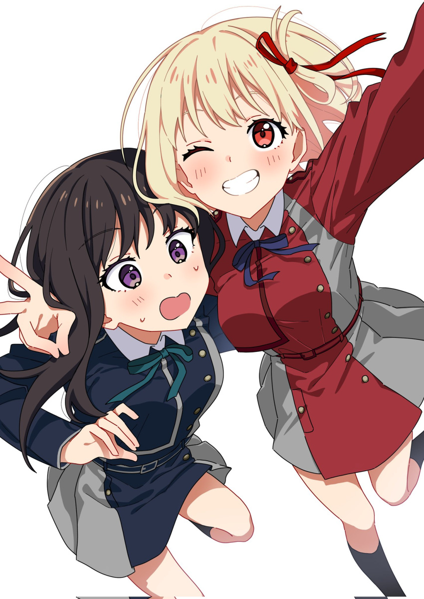 2girls black_hair black_socks blonde_hair blush bob_cut breasts grin highres hikentai0112 inoue_takina kneehighs lycoris_recoil multiple_girls nishikigi_chisato one_eye_closed open_mouth purple_eyes red_eyes red_ribbon ribbon school_uniform short_hair simple_background skirt smile socks sweatdrop v white_background