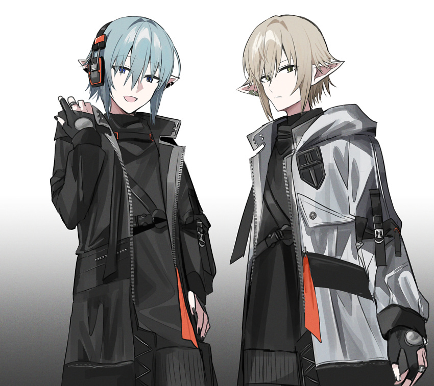 2boys black_gloves black_jacket black_nails black_shirt blue_eyes blue_hair chihuri ear_piercing final_fantasy final_fantasy_xiv fingerless_gloves gloves gradient_background green_eyes grey_background grey_jacket hair_over_one_eye hand_up haurchefant_greystone headphones highres hood hood_down hooded_jacket jacket jewelry light_brown_hair male_focus multiple_boys nail_polish open_clothes open_jacket piercing pointy_ears ring shirt white_background zephirin_de_valhourdin