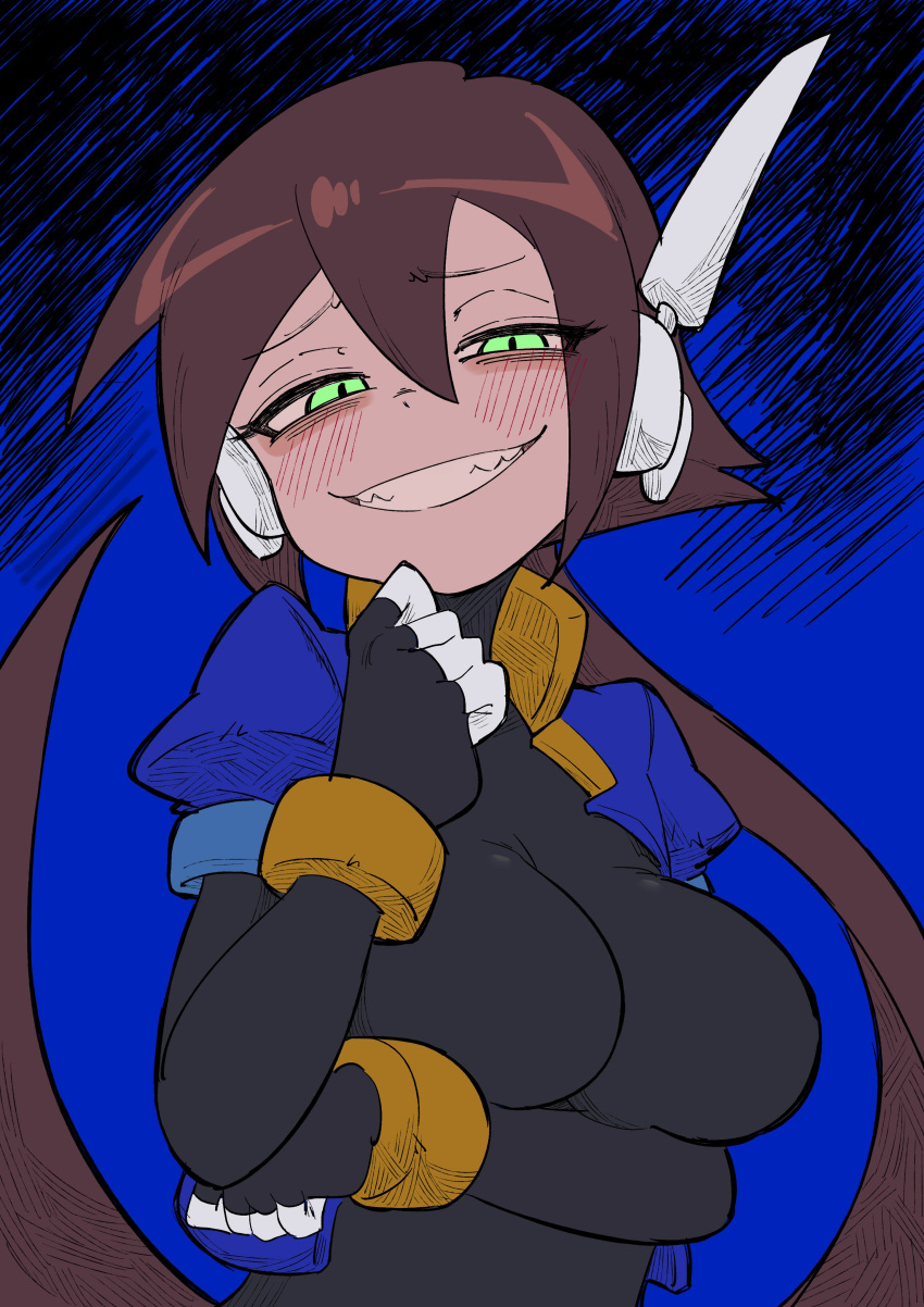 1girl absurdres aile_(mega_man_zx) arm_under_breasts black_bodysuit blue_background blue_jacket blush bodysuit bodysuit_under_clothes breasts brown_hair buzzlyears cropped_jacket glowing glowing_eyes green_eyes half-closed_eyes highres jacket large_breasts long_hair looking_at_viewer mega_man_(series) mega_man_zx mega_man_zx_advent open_clothes open_jacket parted_lips ponytail robot_ears sharp_teeth smile smug solo teeth upper_body