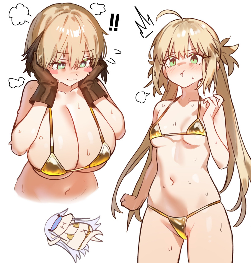 ! !! 3girls :t artoria_caster_(fate) artoria_pendragon_(fate) bikini black_hair blonde_hair blush_stickers breast_envy breasts cleavage ebora fate/grand_order fate_(series) gareth_(fate) gold_bikini green_eyes hair_flaps hands_on_own_cheeks hands_on_own_face highres large_breasts long_hair low_twintails melusine_(fate) multiple_girls navel pout puff_of_air short_hair small_breasts sweat swimsuit twintails